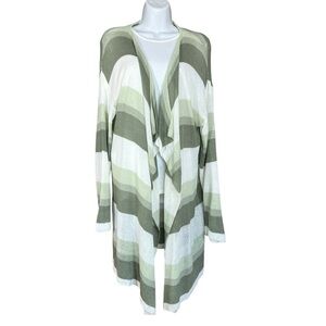 POL Lime Green and White Color Block Stripe Open Front Long Cardigan Women's M